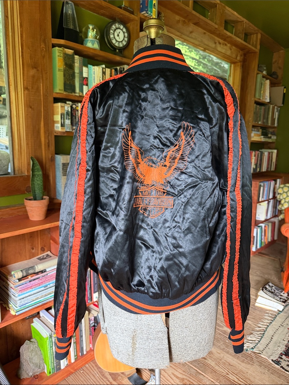 Harley-Davidson Black Satin Bomber Jacket with Orange Accents